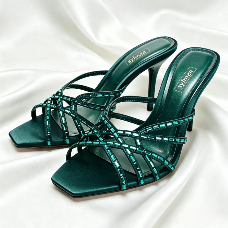 Luxury Lifestyle Products - Unique Peacock Blue Crystal Detail Heeled