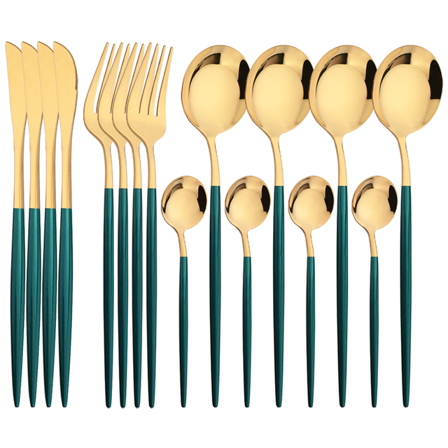16Pcs Green Gold Dinnerware St - Gold Plated Cutlery review and price